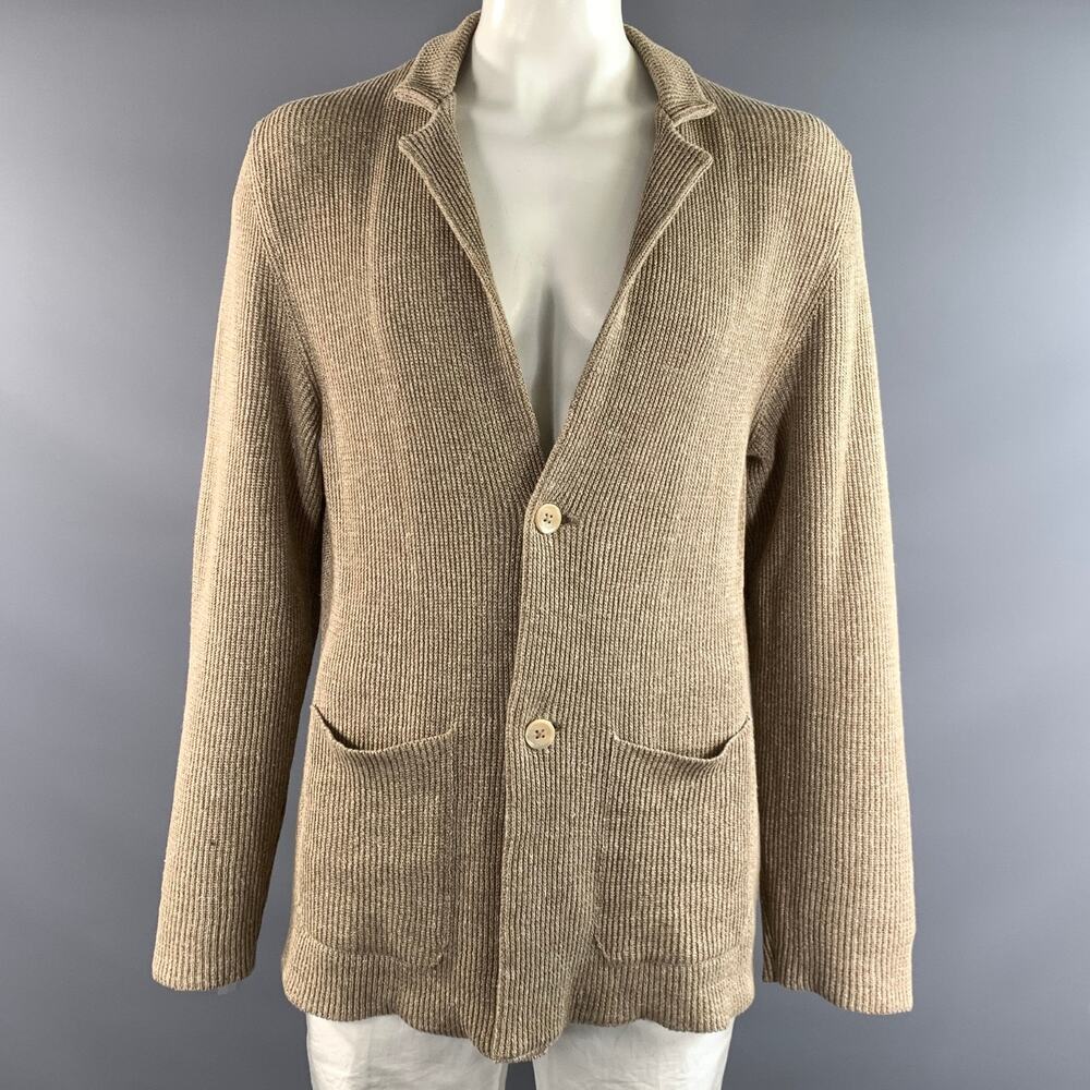 ISAIA Size XXL Tan Khaki Cable Knit Linen Wool Chore Jacket
